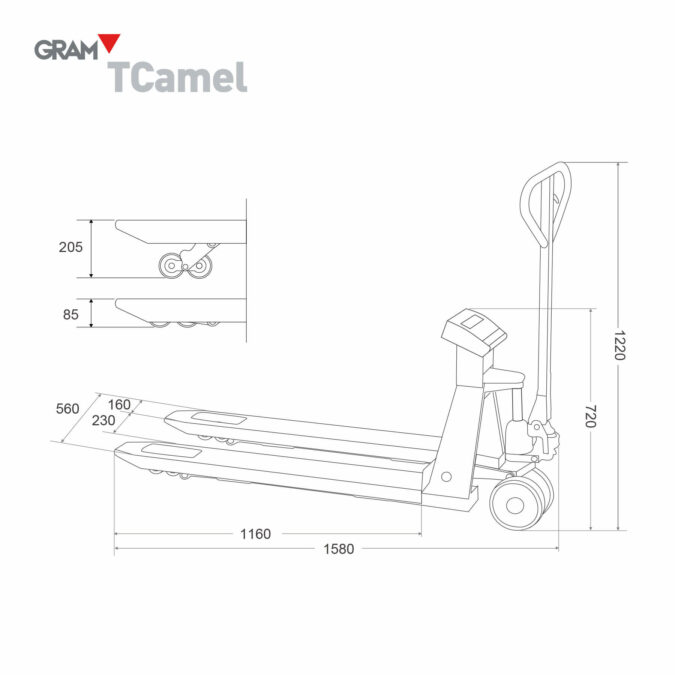 Technical drawing with truck pallet scale dimensions